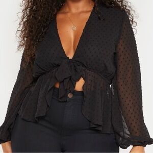 PrettyLittleThing Black Puff Sleeve Tie Front Blouse
